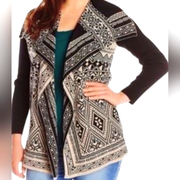 Lucky Brand Sweaters - Lucky Brand Aztec Waterfall Open Front Cardigan 100% Cotton Black & Tan Small